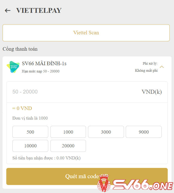 Nạp tiền SV66 Viettel pay